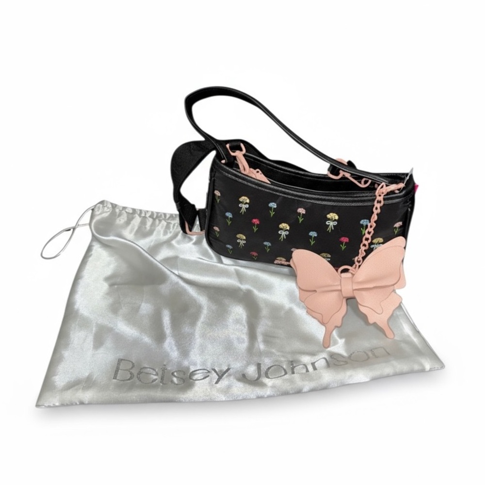 Betsey Johnson NWT Black Floral Embroidered Women's Bag with Butterfly Charm - Picture 2 of 10